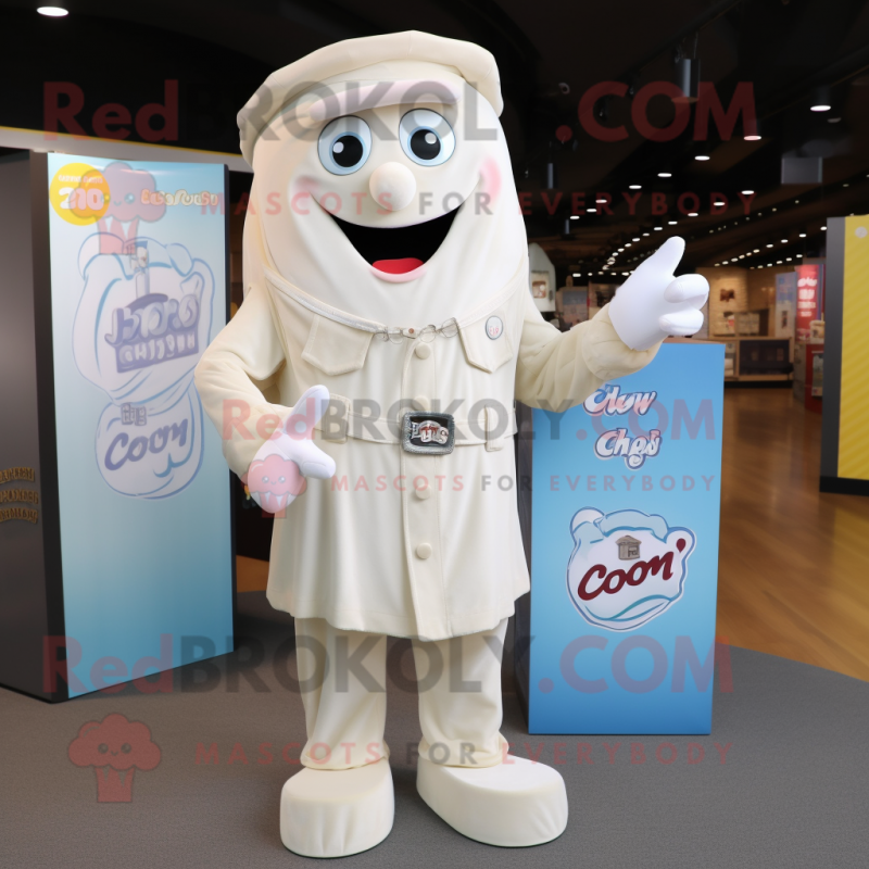 Cream Candy Box mascot costume character dressed with a Mom Jeans and Lapel pins Cream Candy Box mascot costume character dressed with a Mom Jeans and Lapel pins