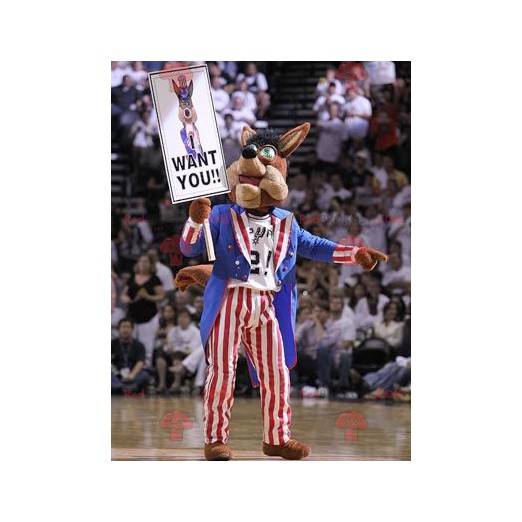 Mascotte de chien marron en tenue américaine - Redbrokoly.com