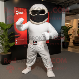 White Ninja mascot costume character dressed with a Bermuda Shorts and Cummerbunds