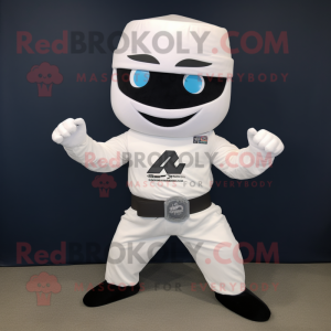 White Ninja mascot costume character dressed with a Bermuda Shorts and Cummerbunds