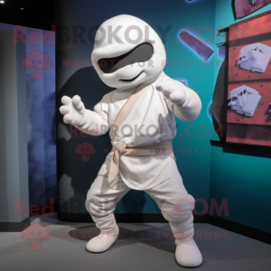 White Ninja mascot costume character dressed with a Bermuda Shorts and Cummerbunds