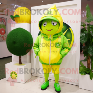 Lime Green Lemon mascot costume character dressed with a Windbreaker and Hairpins