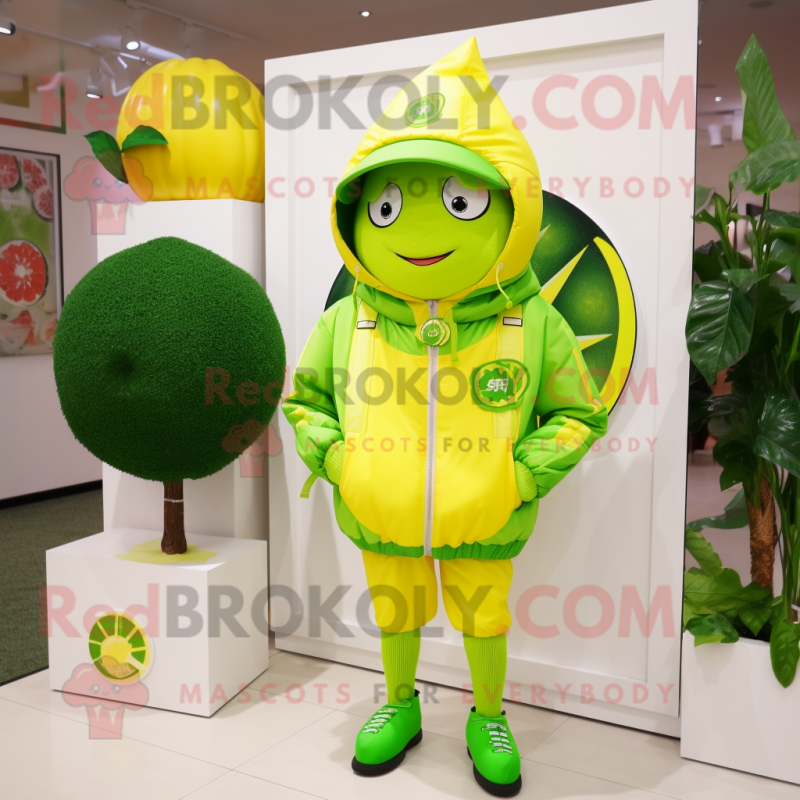 Lime Green Lemon mascot costume character dressed with a Windbreaker and Hairpins Lime Green Lemon mascot costume character dressed with a Windbreaker and Hairpins