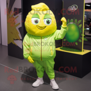 Lime Green Lemon mascot costume character dressed with a Windbreaker and Hairpins