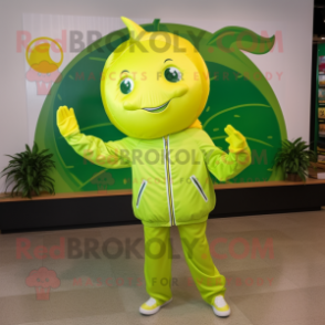 Lime Green Lemon mascot costume character dressed with a Windbreaker and Hairpins