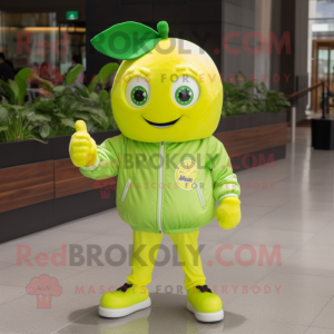 Lime Green Lemon mascot costume character dressed with a Windbreaker and Hairpins