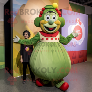 Olive Clown mascot costume character dressed with a A-Line Skirt and Watches