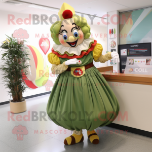 Olive Clown mascot costume character dressed with a A-Line Skirt and Watches