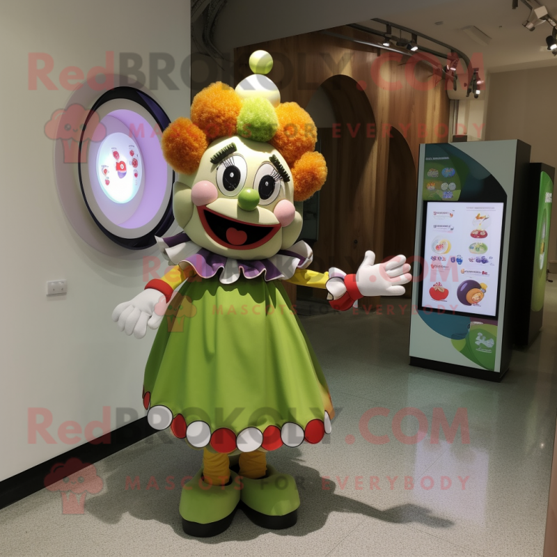 Olive Clown mascot costume character dressed with a A-Line Skirt and Watches