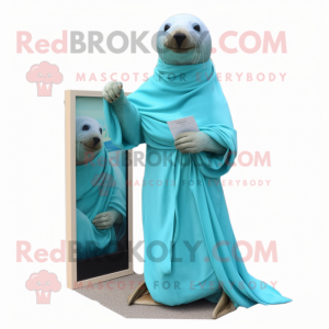 Cyan Sea Lion mascot costume character dressed with a Wrap Dress and Gloves