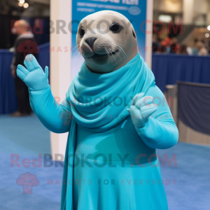 Cyan Sea Lion mascot costume character dressed with a Wrap Dress and Gloves