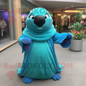 Cyan Sea Lion mascot costume character dressed with a Wrap Dress and Gloves