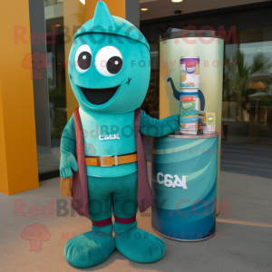 Teal Soda Can mascot costume character dressed with a Corduroy Pants and Messenger bags