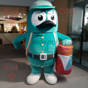 Teal Soda Can mascot costume character dressed with a Corduroy Pants and Messenger bags