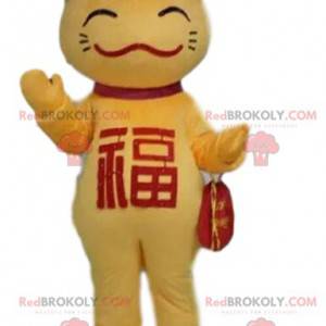 Mascota gato amarillo y rojo, disfraz asiático, gato chino -