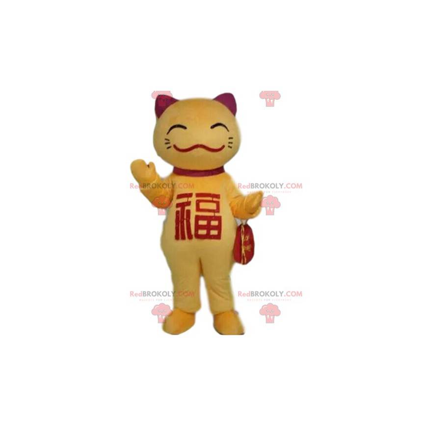 Gelbes und rotes Katzenmaskottchen, asiatisches Kostüm Gelbes und rotes Katzenmaskottchen, asiatisches Kostüm