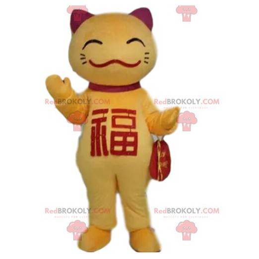 Mascotte de chat jaune et rouge, costume asiatique, chat