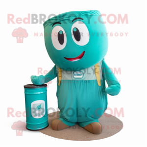 Teal Soda Can mascot costume character dressed with a Corduroy Pants and Messenger bags