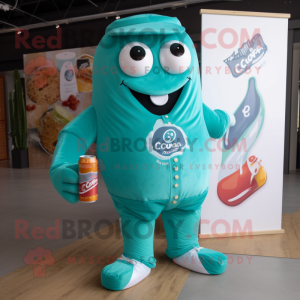 Teal Soda Can mascot costume character dressed with a Corduroy Pants and Messenger bags