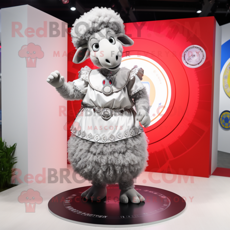 Silver Ram mascot costume character dressed with a Circle Skirt and Lapel pins