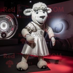 Silver Ram mascot costume character dressed with a Circle Skirt and Lapel pins