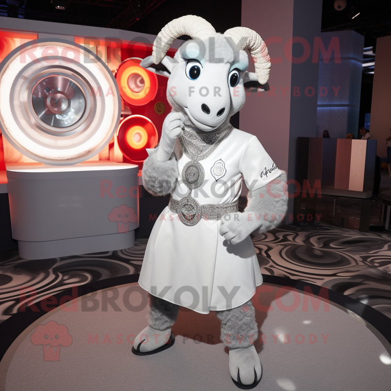 Silver Ram mascot costume character dressed with a Circle Skirt and Lapel pins Silver Ram mascot costume character dressed with a Circle Skirt and Lapel pins