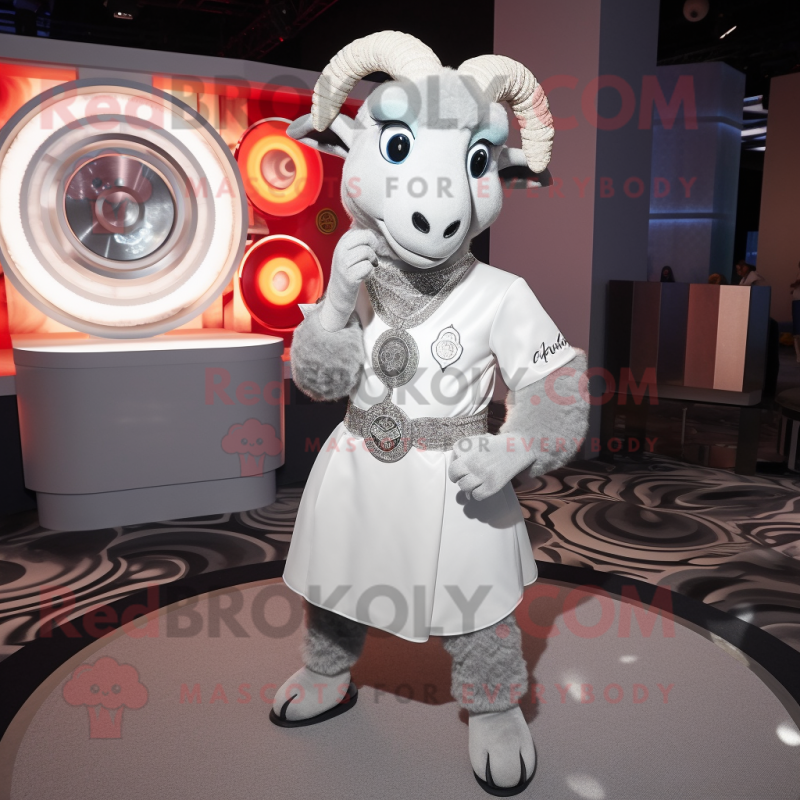 Silver Ram mascot costume character dressed with a Circle Skirt and Lapel pins