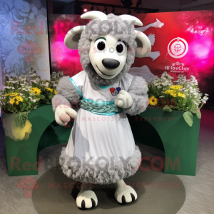 Silver Ram mascot costume character dressed with a Circle Skirt and Lapel pins
