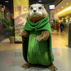 Forest Green Marmot mascot costume character dressed with a Wrap Skirt and Scarves