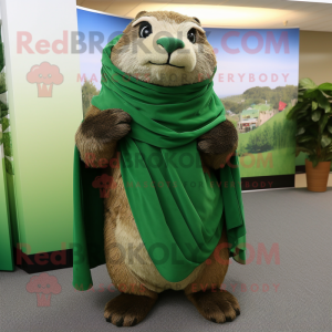 Forest Green Marmot mascot costume character dressed with a Wrap Skirt and Scarves