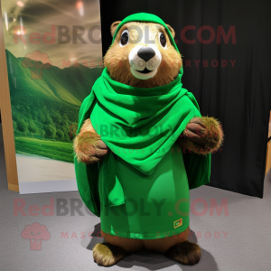 Forest Green Marmot mascot costume character dressed with a Wrap Skirt and Scarves