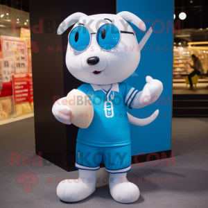 Sky Blue Ermine mascot costume character dressed with a Rugby Shirt and Reading glasses