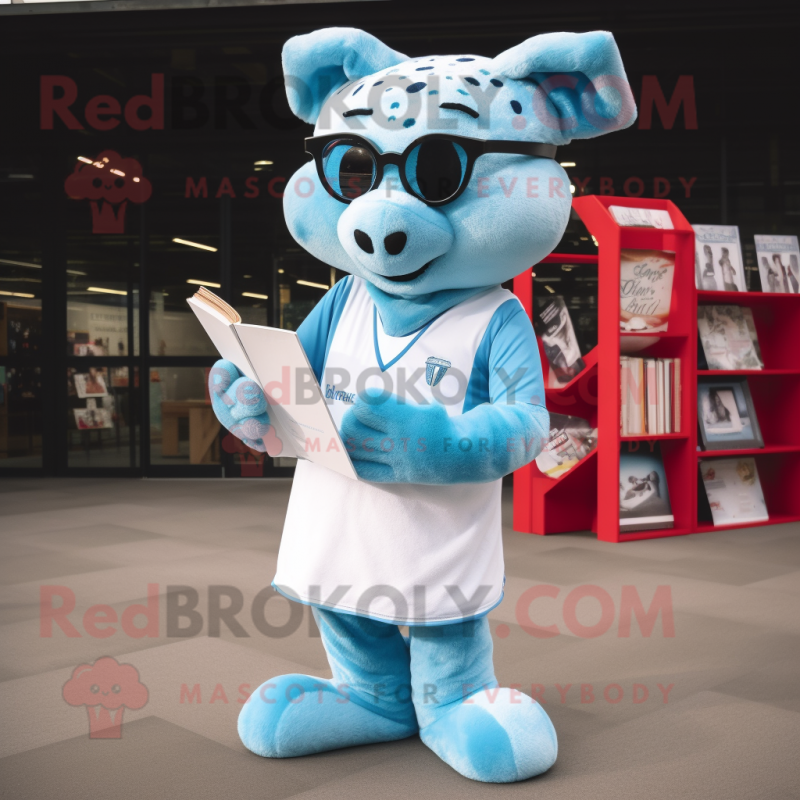 Sky Blue Ermine mascot costume character dressed with a Rugby Shirt and Reading glasses