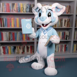 Sky Blue Ermine mascot costume character dressed with a Rugby Shirt and Reading glasses