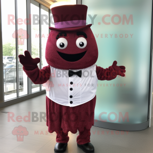 Maroon Cupcake mascot costume character dressed with a Dress and Hats