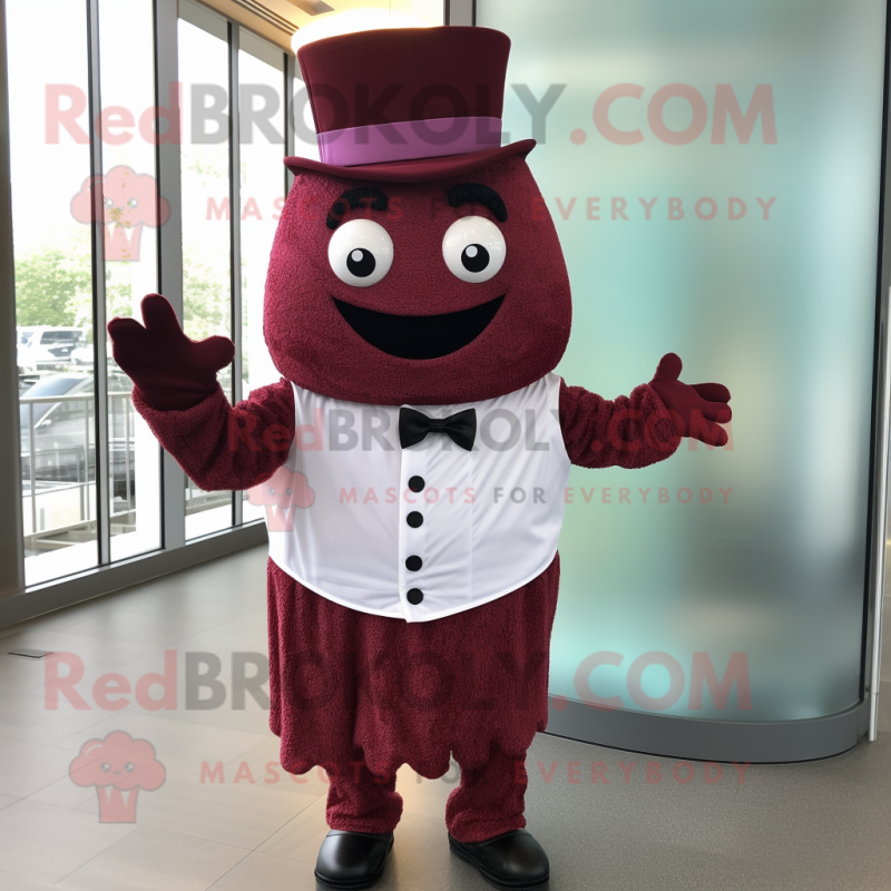 Maroon Cupcake mascot costume character dressed with a Dress and Hats