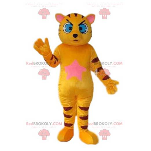 Gul kattemaskot med store blå øyne. Kattedrakt - Redbrokoly.com