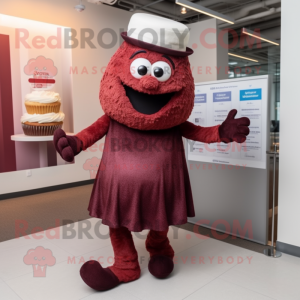 Maroon Cupcake mascot costume character dressed with a Dress and Hats