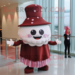 Maroon Cupcake mascot costume character dressed with a Dress and Hats