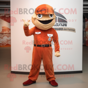 Rust Barracuda mascot costume character dressed with a Jumpsuit and Hat pins