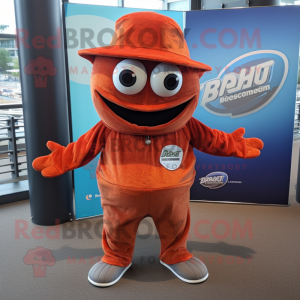 Rust Barracuda mascot costume character dressed with a Jumpsuit and Hat pins