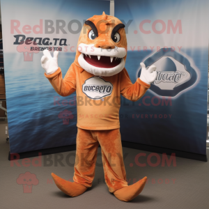 Rust Barracuda mascot costume character dressed with a Jumpsuit and Hat pins