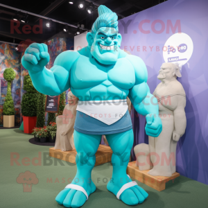 Cyan Strongman mascot costume character dressed with a Shift Dress and Anklets