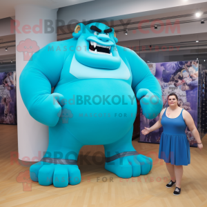 Cyan Strongman mascot costume character dressed with a Shift Dress and Anklets