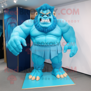 Cyan Strongman mascot costume character dressed with a Shift Dress and Anklets