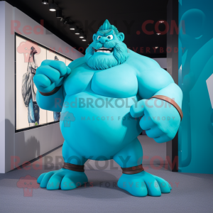 Cyan Strongman mascot costume character dressed with a Shift Dress and Anklets