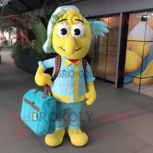 Cyan Banana mascot costume character dressed with a Flannel Shirt and Handbags