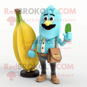 Cyan Banana mascot costume character dressed with a Flannel Shirt and Handbags