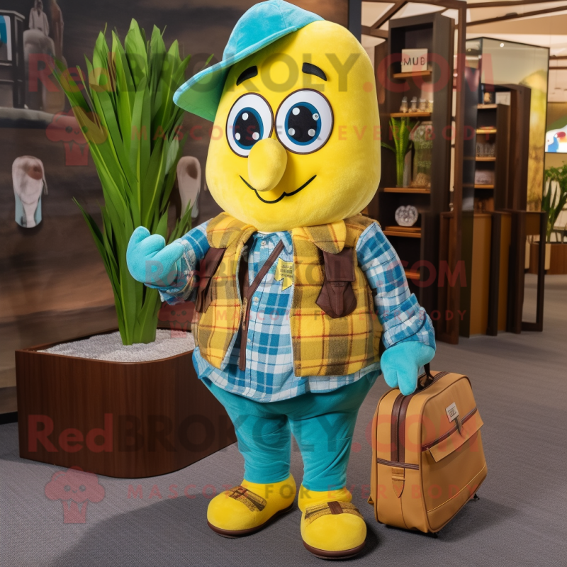 Cyan Banana mascot costume character dressed with a Flannel Shirt and Handbags