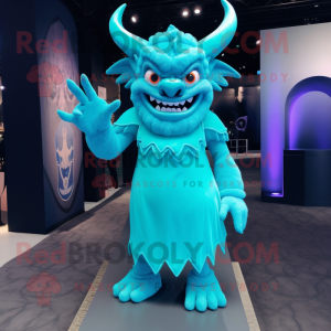 Cyan Demon mascot costume character dressed with a Midi Dress and Gloves